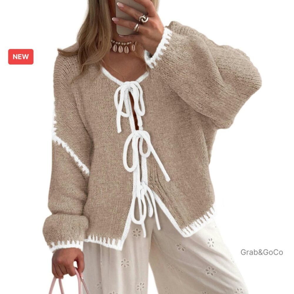 Tie Front Bow Cardigan Chunky Knit Puff Sleeve Oversized Fall Winter Sweater